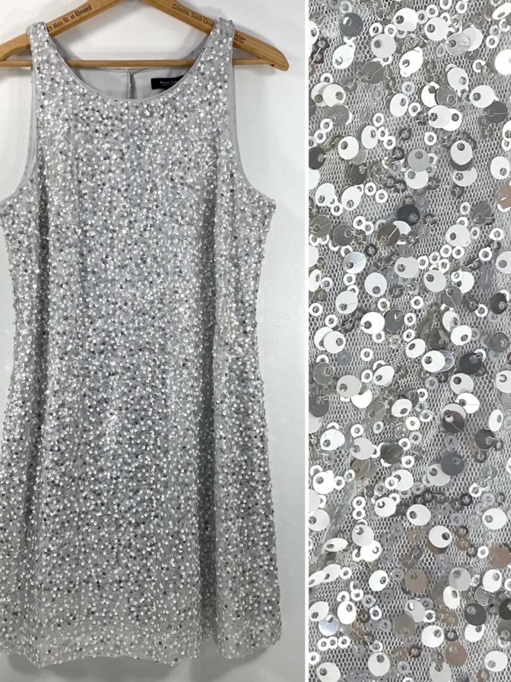 White House Black Market Silver Sparkle Sequin Cocktail Evening Shift Dress 12